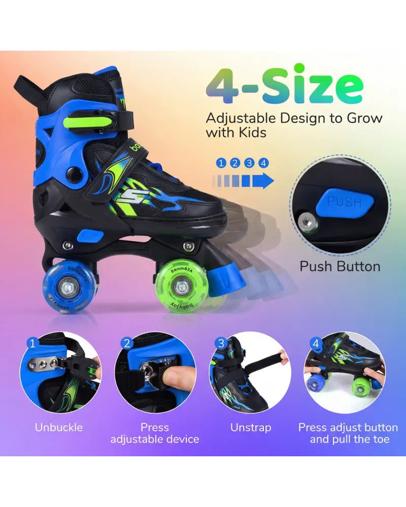 Kids Roller Skates for Girls Boys 4 Sizes Adjustable Quad Skates with Light-up Wheels-Navy - Navy - Toy Sports
