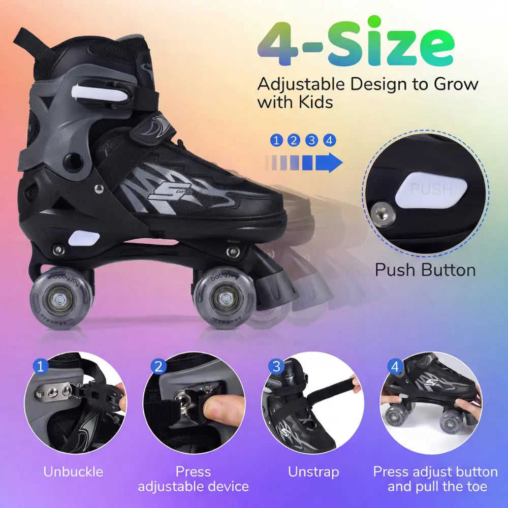 Kids Roller Skates for Girls Boys 4 Sizes Adjustable Quad Skates with Light-up Wheels for Outdoor-Black - Black - Toy