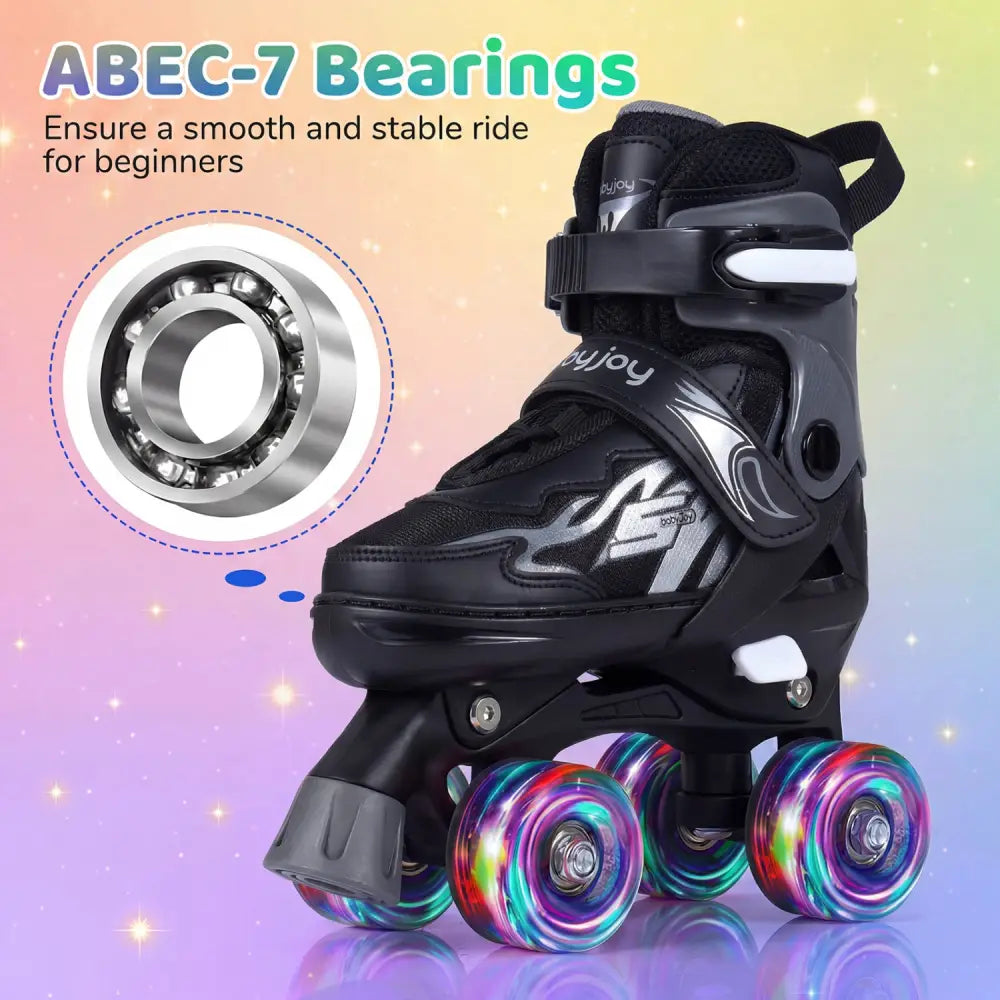 Kids Roller Skates for Girls Boys 4 Sizes Adjustable Quad Skates with Light-up Wheels-Black - Black - Toy Sports