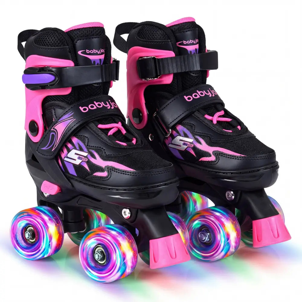 Kids Roller Skates for Girls Boys 4 Sizes Adjustable Quad Skates with Light-up Wheels-Pink - Pink - Toy Sports