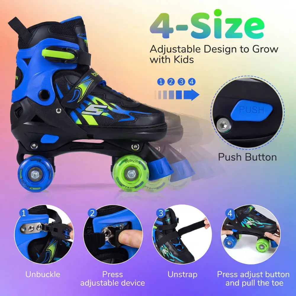 Kids Roller Skates for Girls Boys 4 Sizes Adjustable Quad Skates with Light-up Wheels for Outdoor-Navy - Navy - Toy