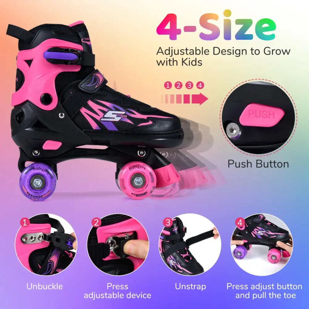 Kids Roller Skates for Girls Boys 4 Sizes Adjustable Quad Skates with Light-up Wheels for Outdoor-Pink - Pink - Toy