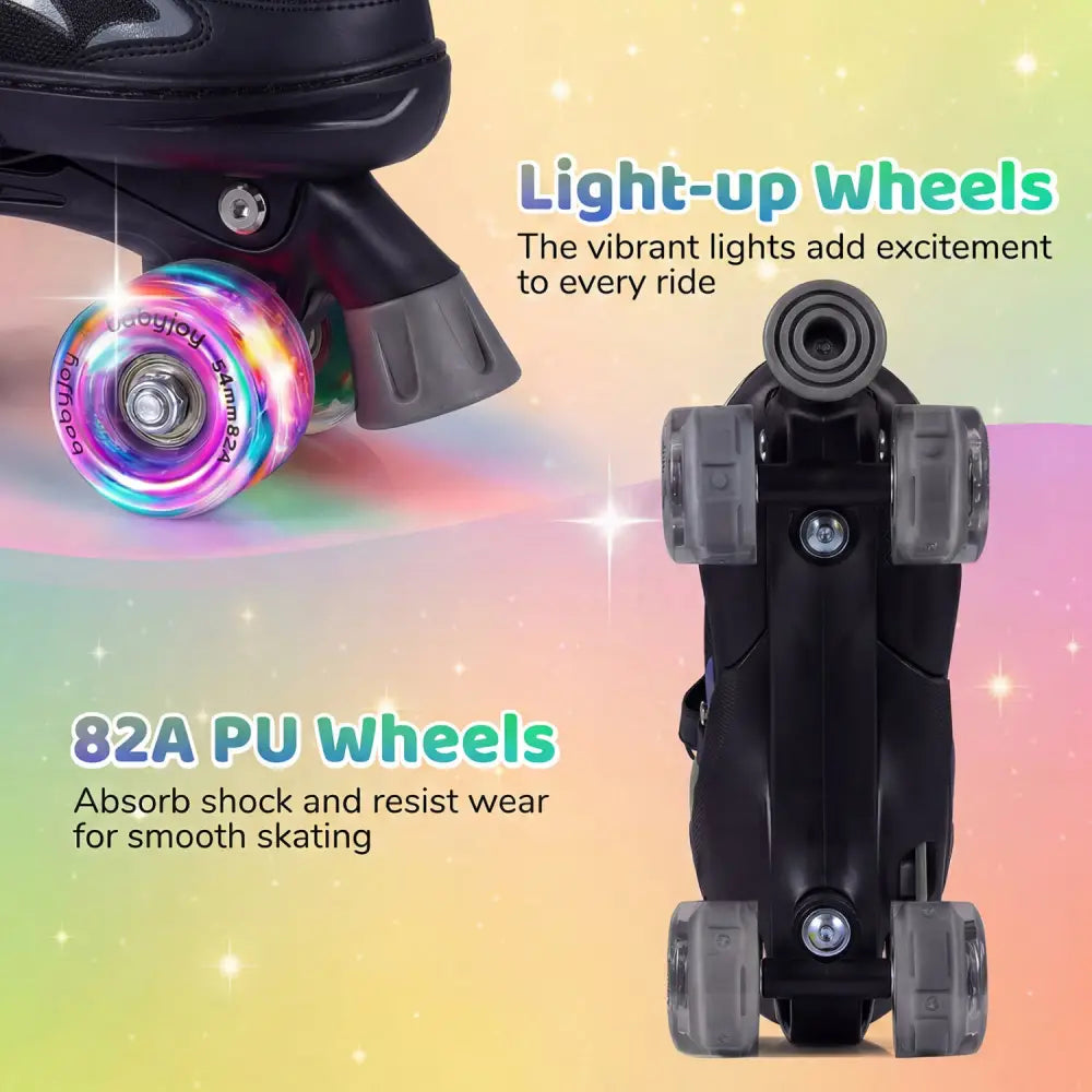 Kids Roller Skates for Girls Boys Teens 4 Sizes Adjustable Quad Skates with Light-up Wheels-Black - Black - Toy Sports