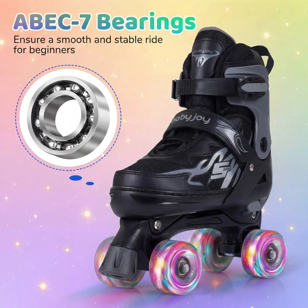 Kids Roller Skates for Girls Boys Teens 4 Sizes Adjustable Quad Skates with Light-up Wheels-Black - Black - Toy Sports