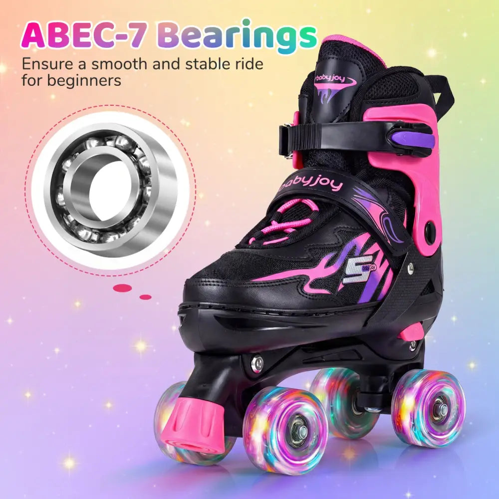 Kids Roller Skates for Girls Boys Teens 4 Sizes Adjustable Quad Skates with Light-up Wheels-Pink - Pink - Toy Sports