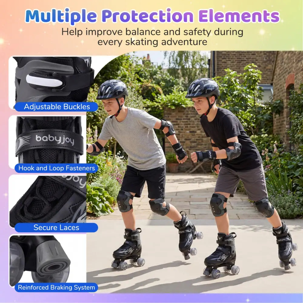 Kids Roller Skates for Girls Boys Teens 4 Sizes Adjustable Quad Skates with Light-up Wheels-Black - Black - Toy Sports