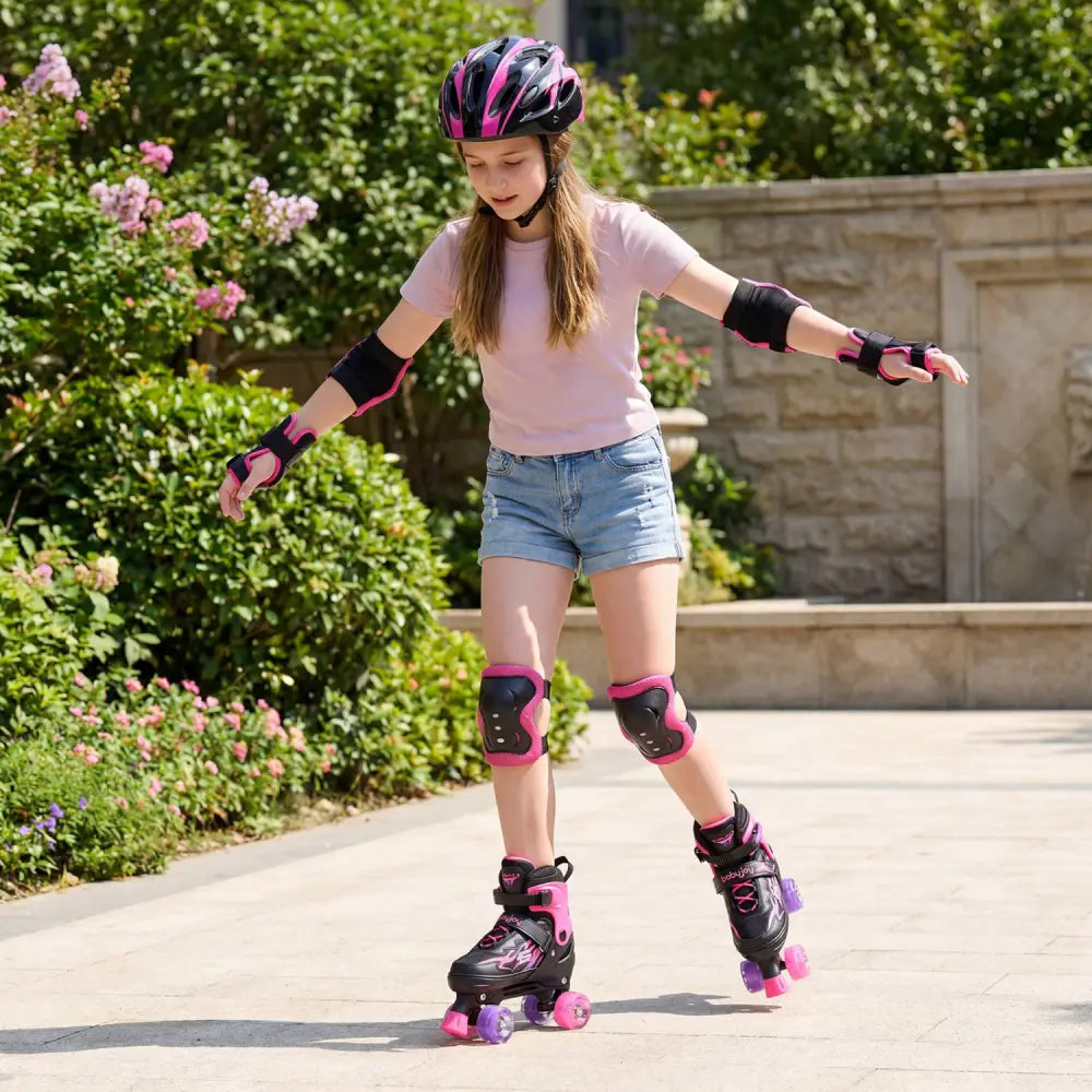 Kids Roller Skates for Girls Boys Teens 4 Sizes Adjustable Quad Skates with Light-up Wheels-Pink - Pink - Toy Sports