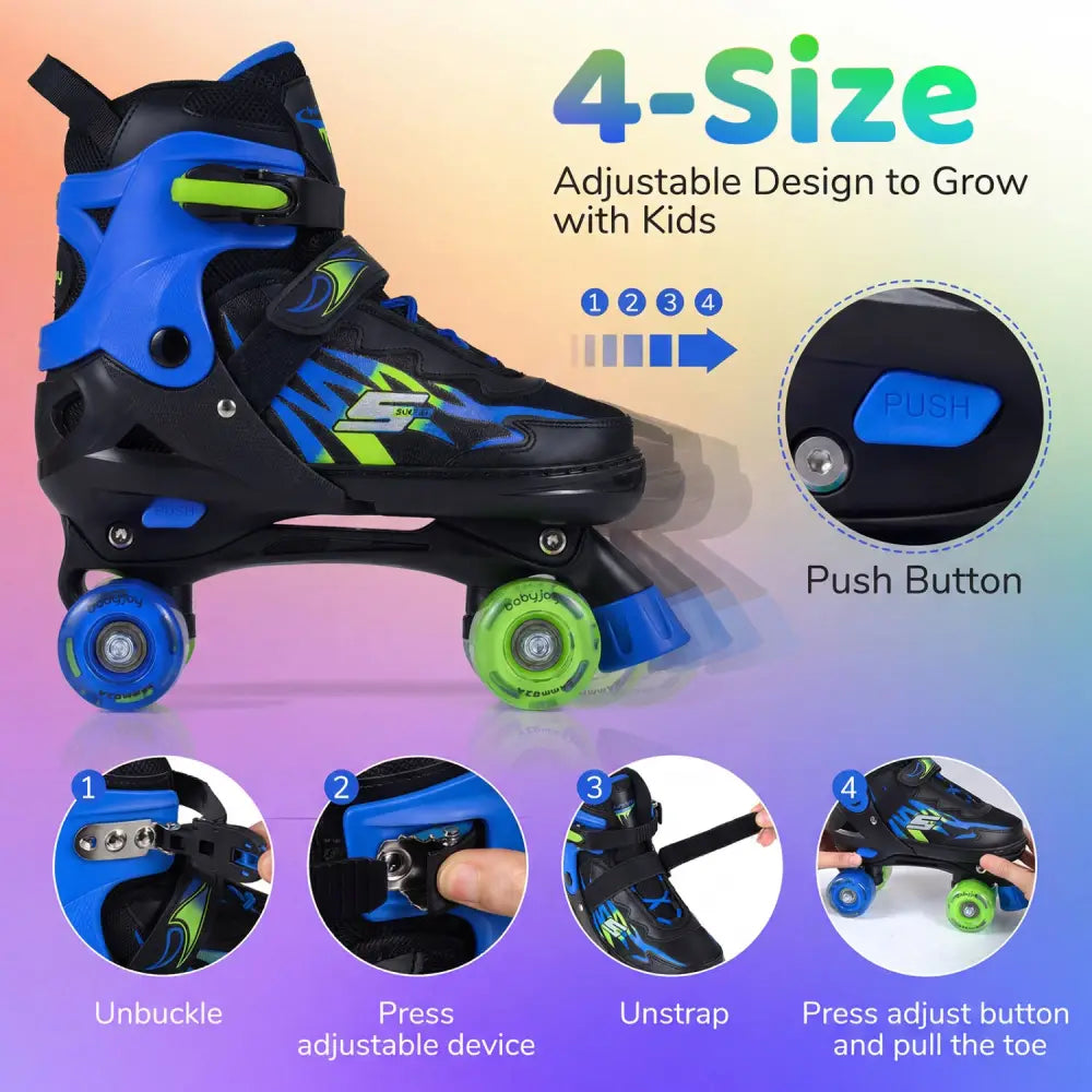 Kids Roller Skates for Girls Boys Teens 4 Sizes Adjustable Quad Skates with Light-up Wheels-Navy - Navy - Toy Sports