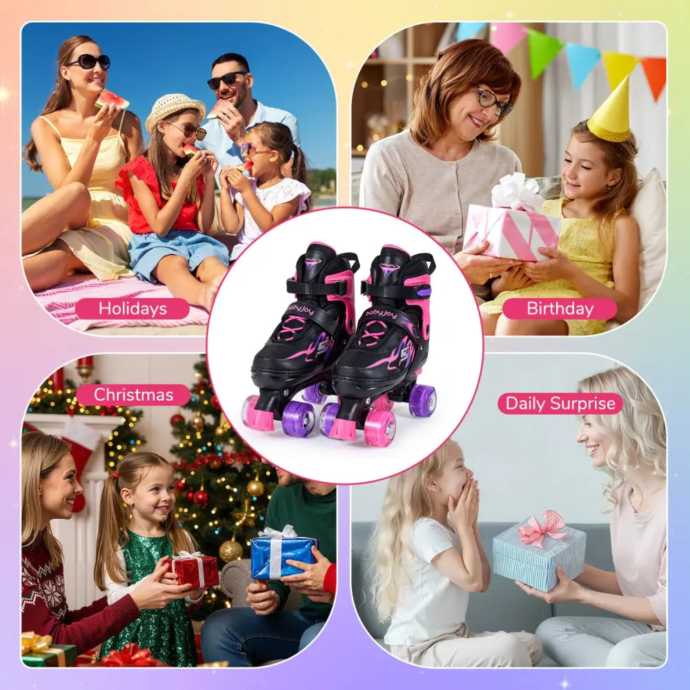 Kids Roller Skates for Girls Boys Teens 4 Sizes Adjustable Quad Skates with Light-up Wheels-Pink - Pink - Toy Sports