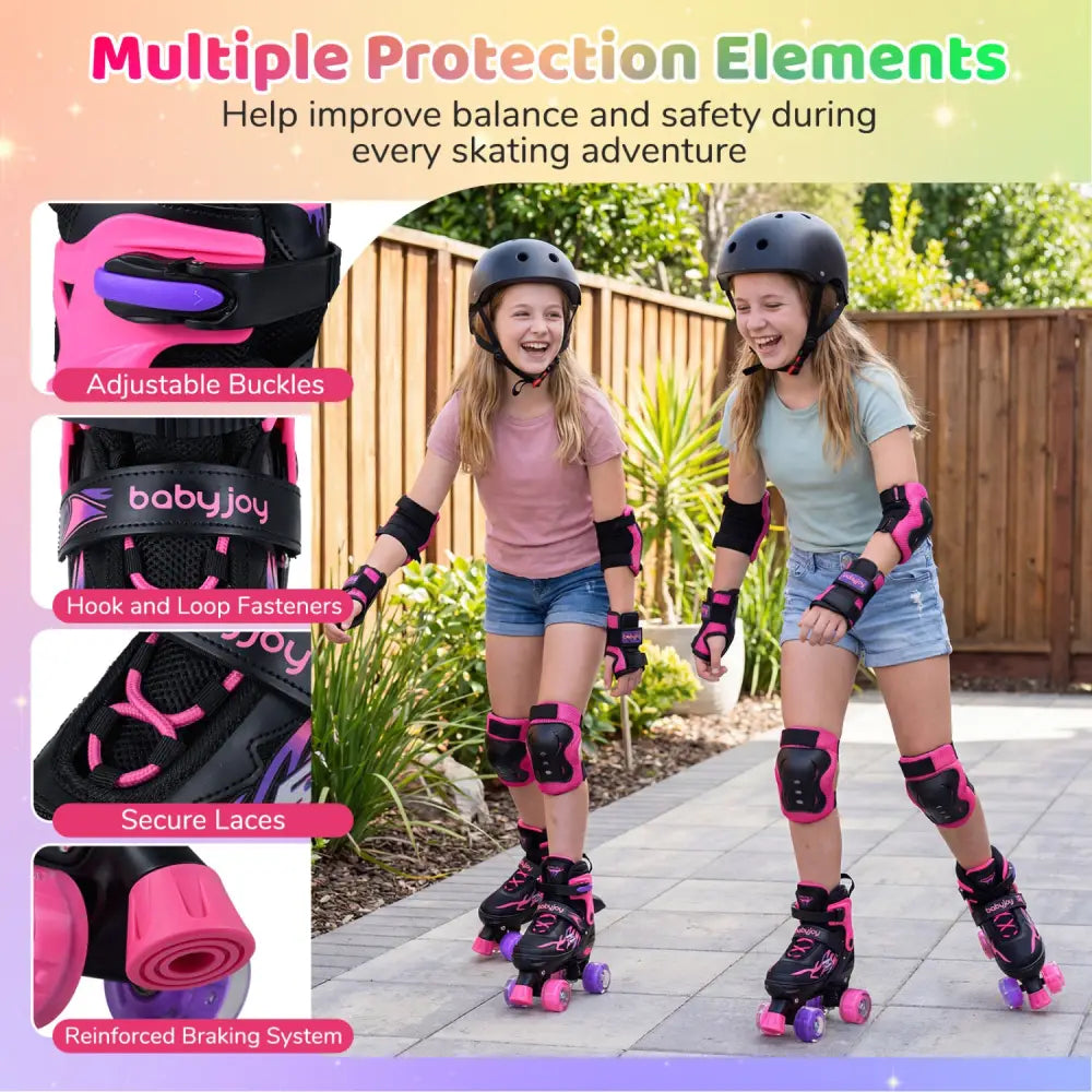 Kids Roller Skates for Girls Boys Teens 4 Sizes Adjustable Quad Skates with Light-up Wheels-Pink - Pink - Toy Sports