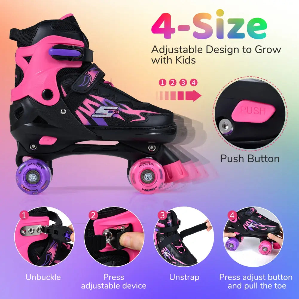 Kids Roller Skates for Girls Boys Teens 4 Sizes Adjustable Quad Skates with Light-up Wheels-Pink - Pink - Toy Sports