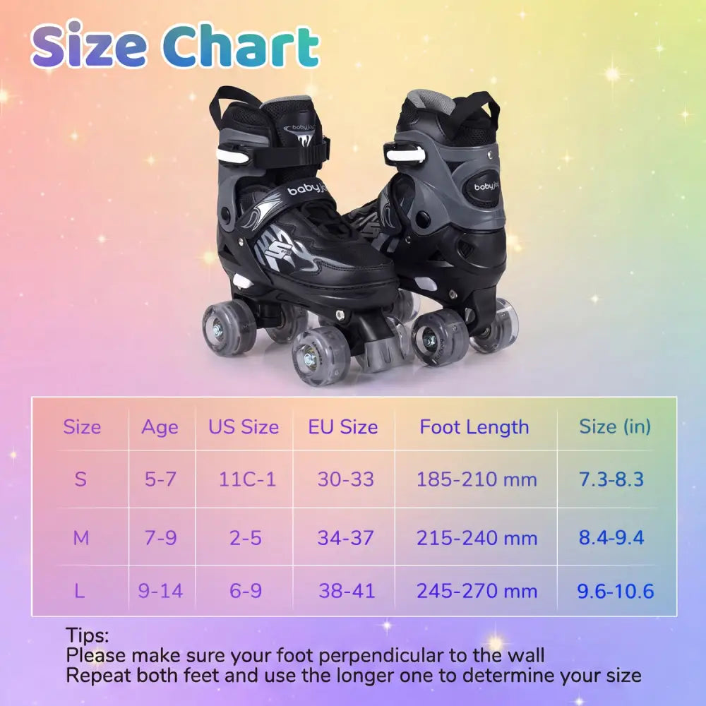 Kids Roller Skates for Girls Boys Teens 4 Sizes Adjustable Quad Skates with Light-up Wheels-Black - Black - Toy Sports