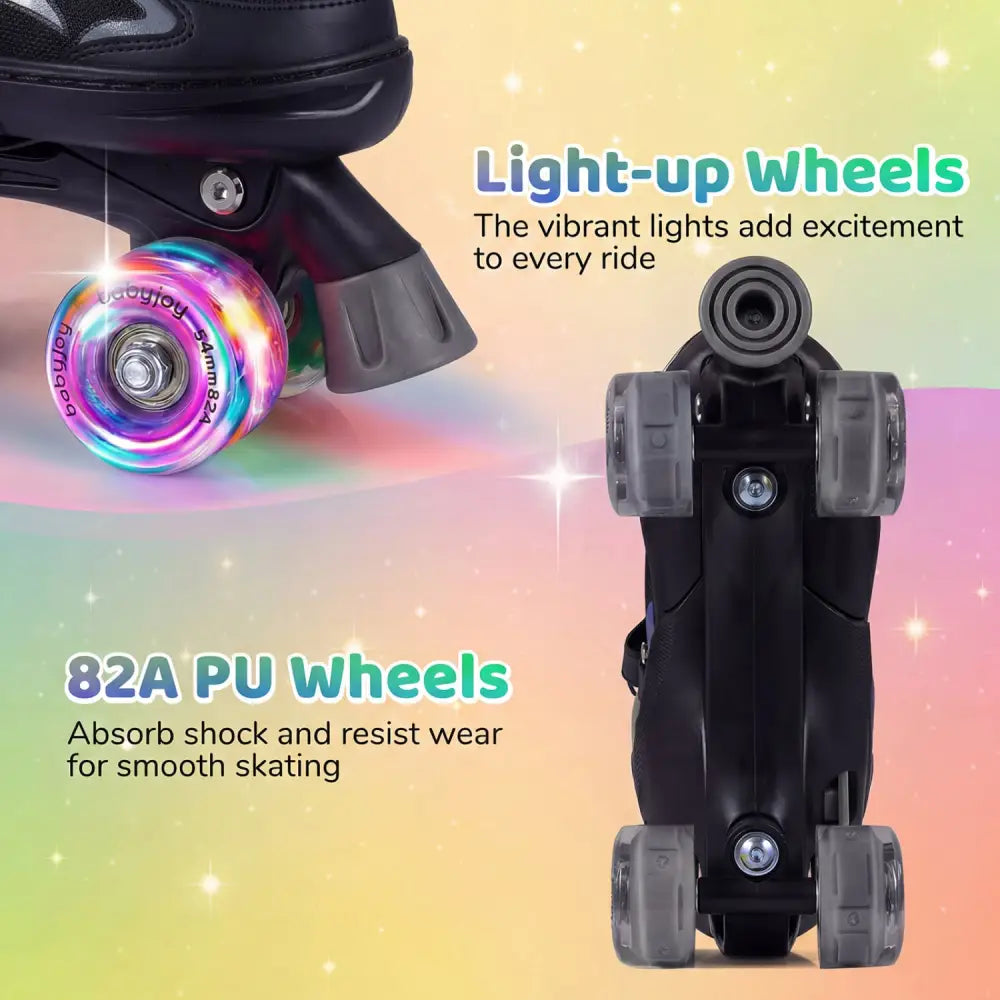 Kids Roller Skates for Girls Boys Teens 4 Sizes Adjustable Quad Skates with Light-up Wheels-Black - Black - Toy Sports