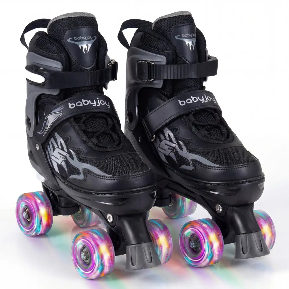 Kids Roller Skates for Girls Boys Teens 4 Sizes Adjustable Quad Skates with Light-up Wheels-Black - Black - Toy Sports