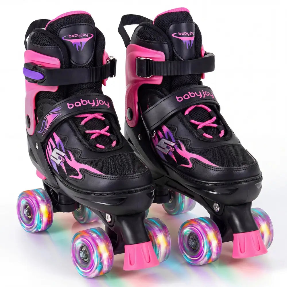 Kids Roller Skates for Girls Boys Teens 4 Sizes Adjustable Quad Skates with Light-up Wheels-Pink - Pink - Toy Sports