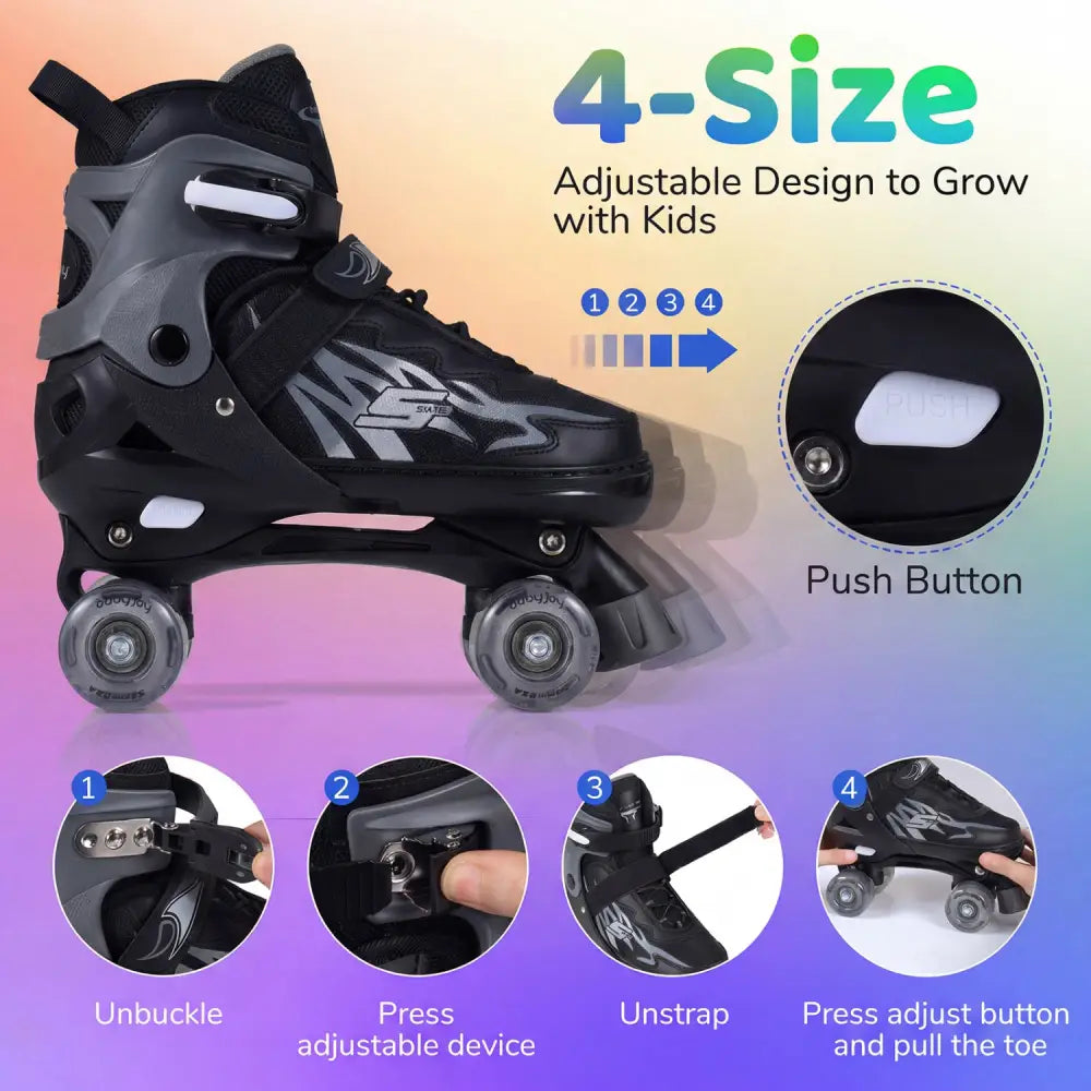 Kids Roller Skates for Girls Boys Teens 4 Sizes Adjustable Quad Skates with Light-up Wheels-Black - Black - Toy Sports