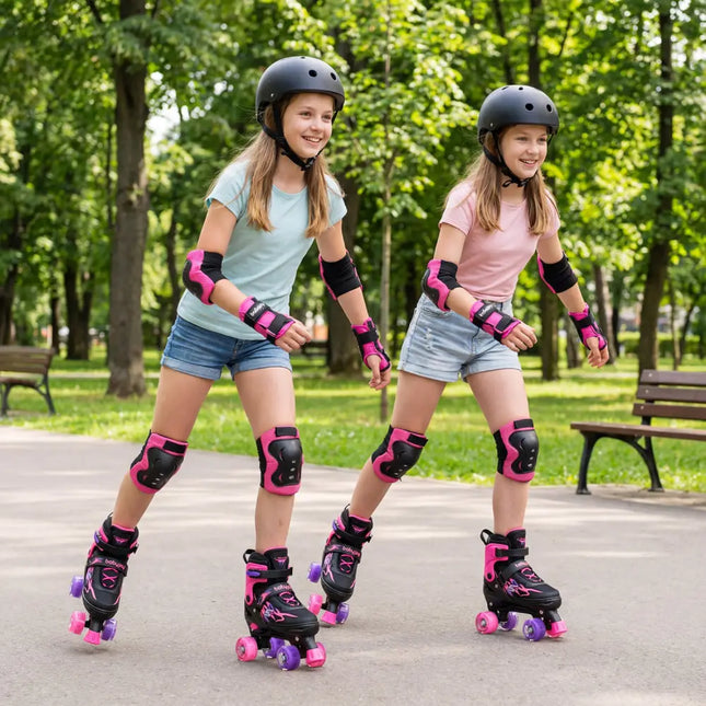 Kids Roller Skates for Girls Boys Teens 4 Sizes Adjustable Quad Skates with Light-up Wheels-Pink - Pink - Toy Sports