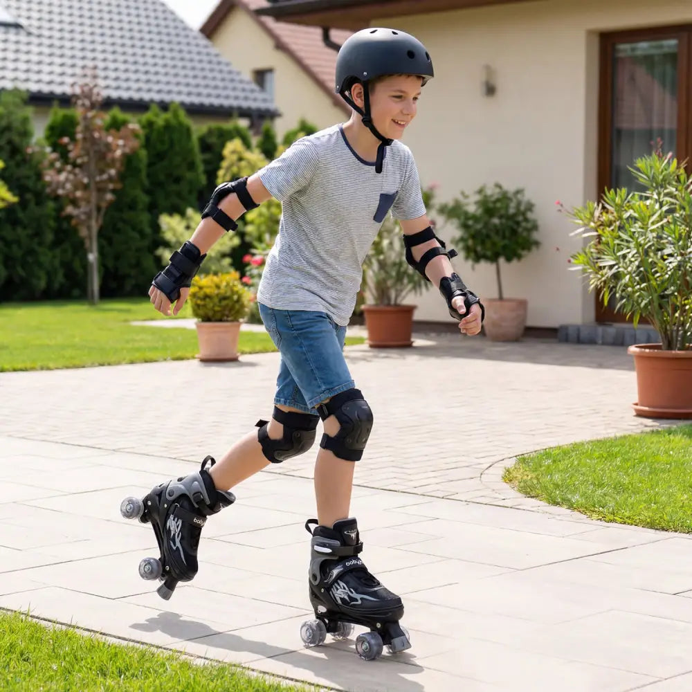 Kids Roller Skates for Girls Boys Teens 4 Sizes Adjustable Quad Skates with Light-up Wheels-Black - Black - Toy Sports
