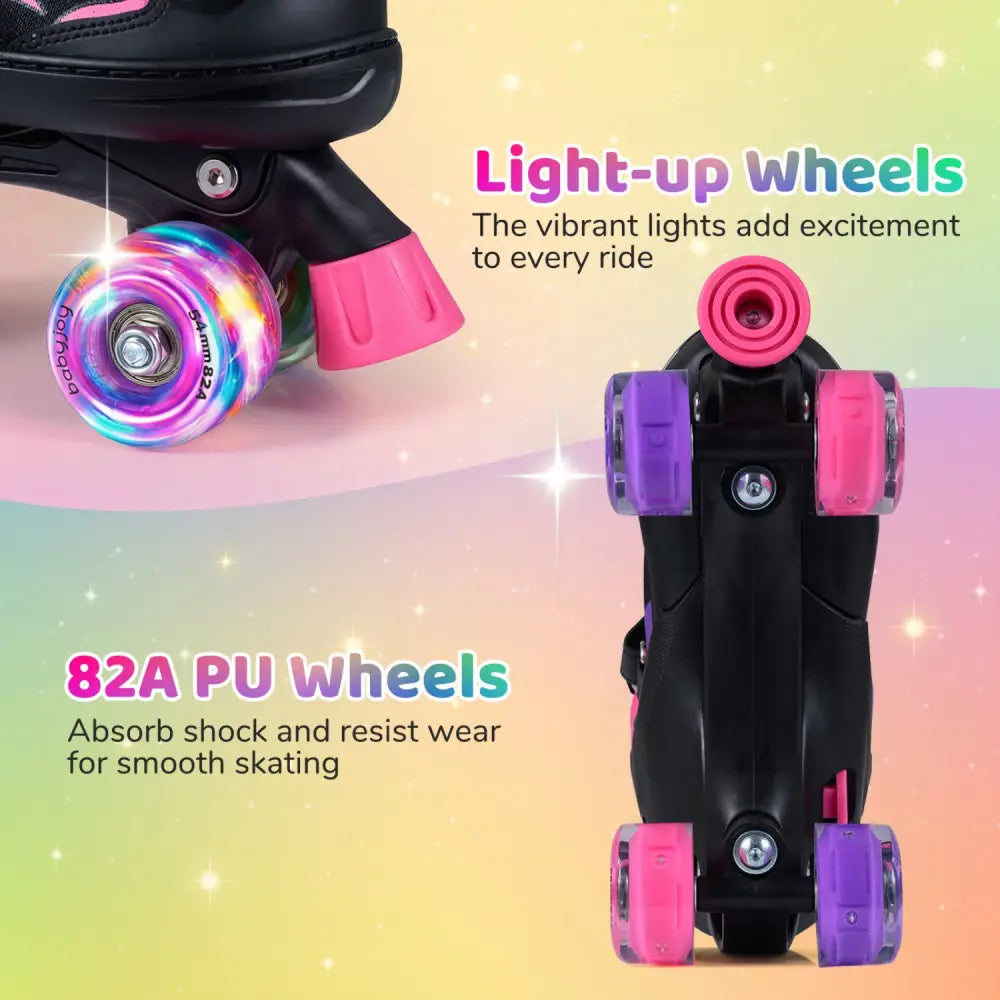 Kids Roller Skates for Girls Boys Teens 4 Sizes Adjustable Quad Skates with Light-up Wheels-Pink - Pink - Toy Sports