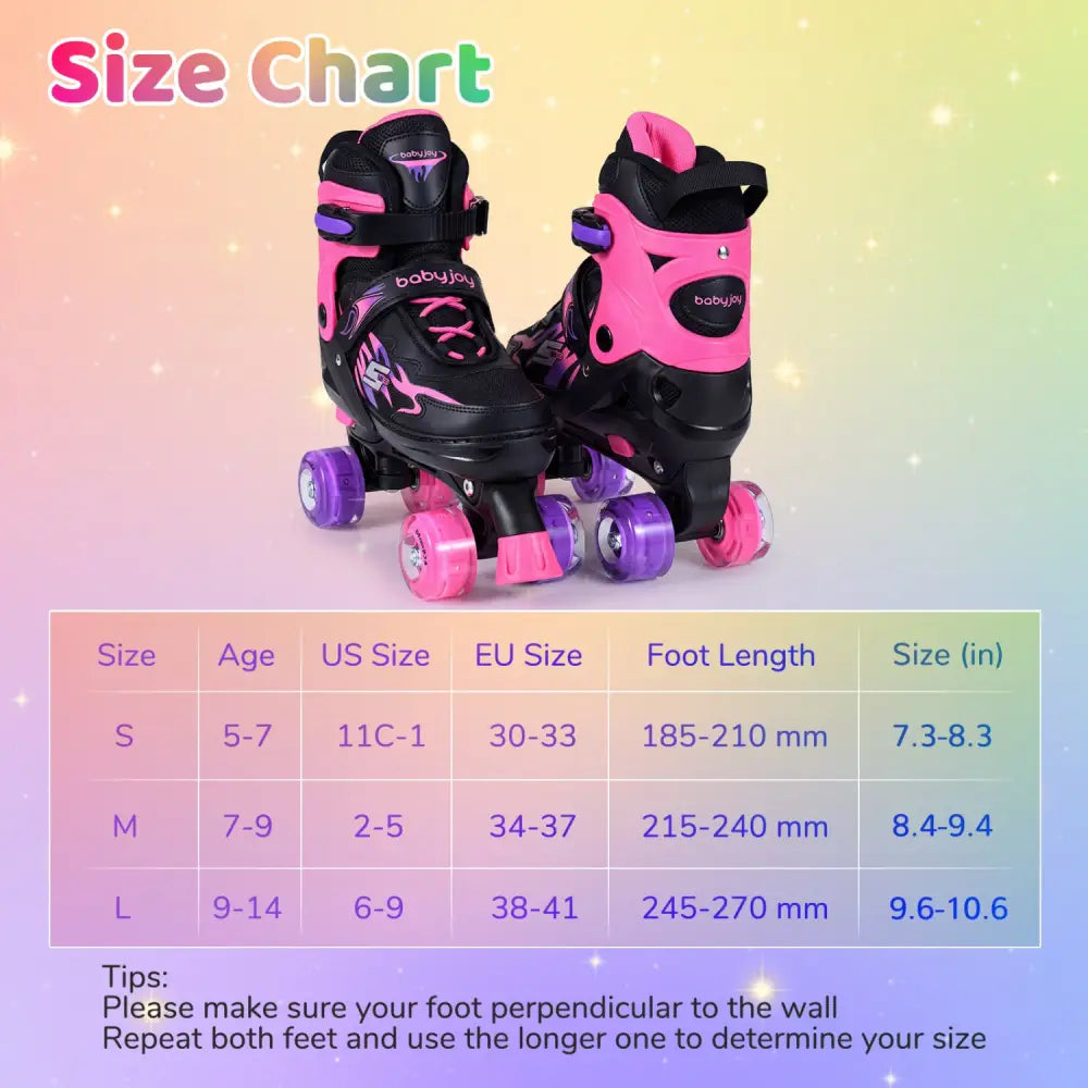 Kids Roller Skates for Girls Boys Teens 4 Sizes Adjustable Quad Skates with Light-up Wheels-Pink - Pink - Toy Sports