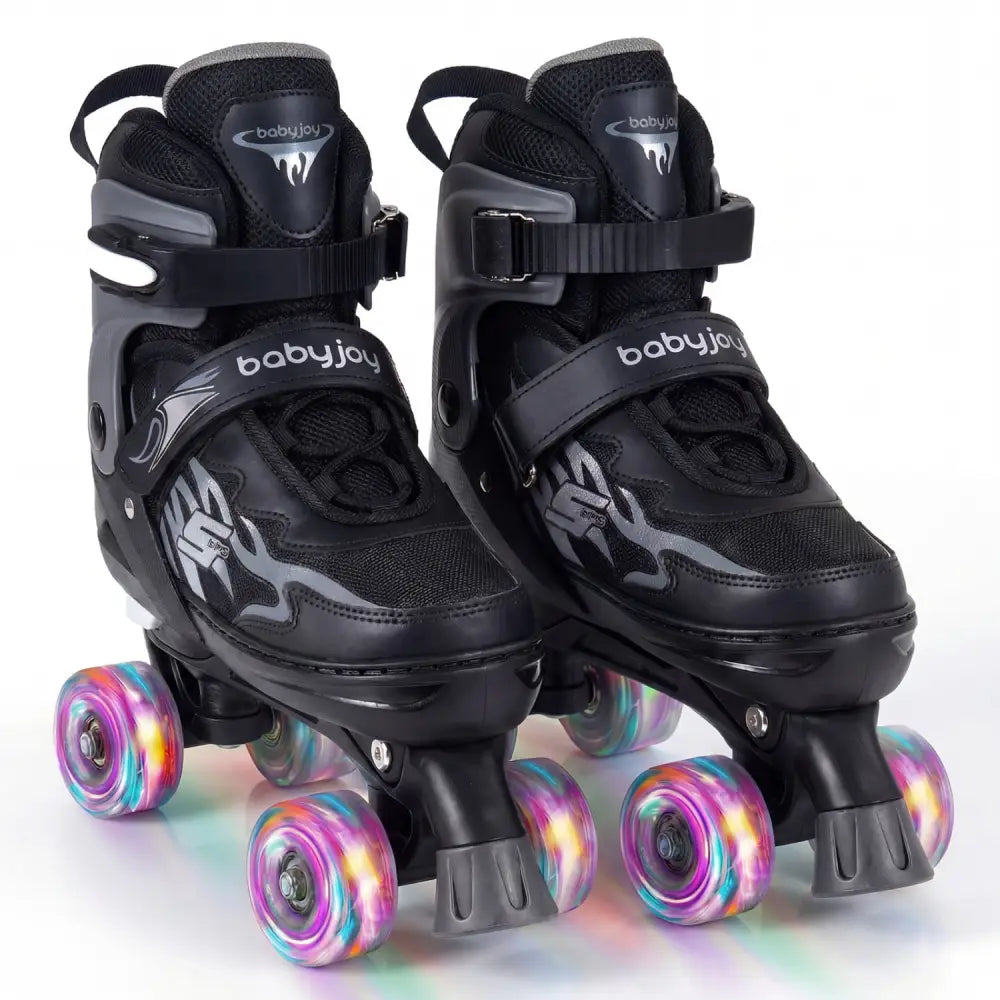 Kids Roller Skates for Girls Boys Teens 4 Sizes Adjustable Quad Skates with Light-up Wheels-Black - Black - Toy Sports