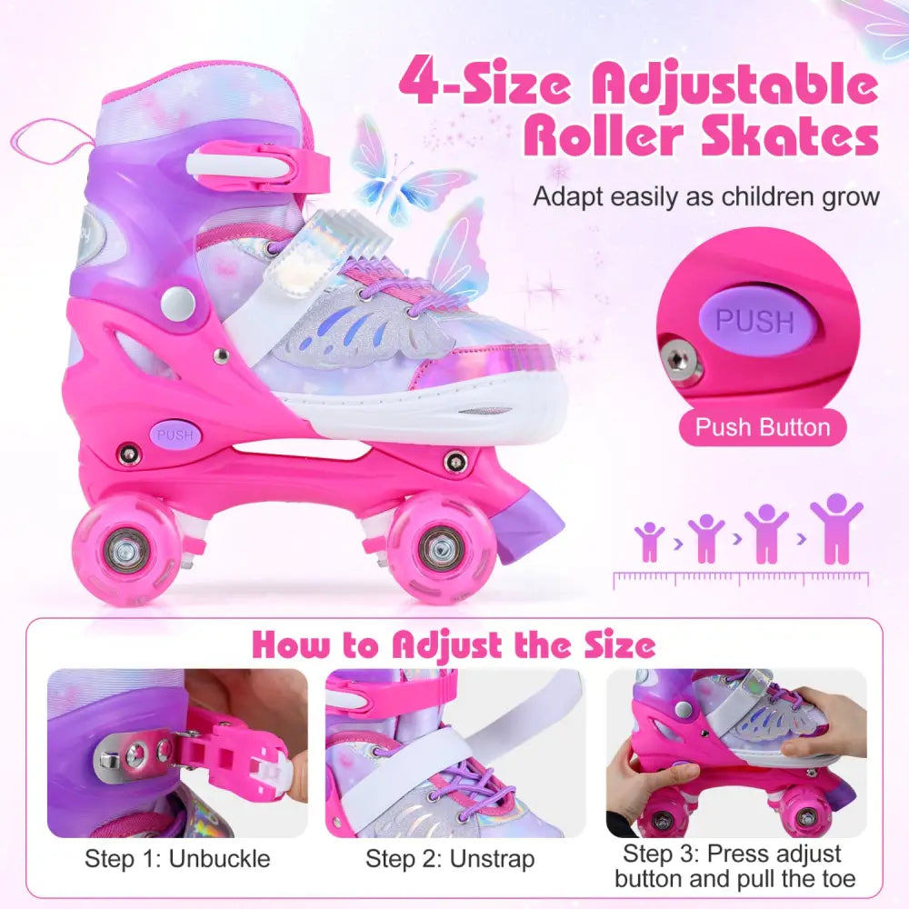 Kids Roller Skates for Toddlers Ages 5-7 with 4 Light-up Wheels-Pink - Pink - Toy Sports
