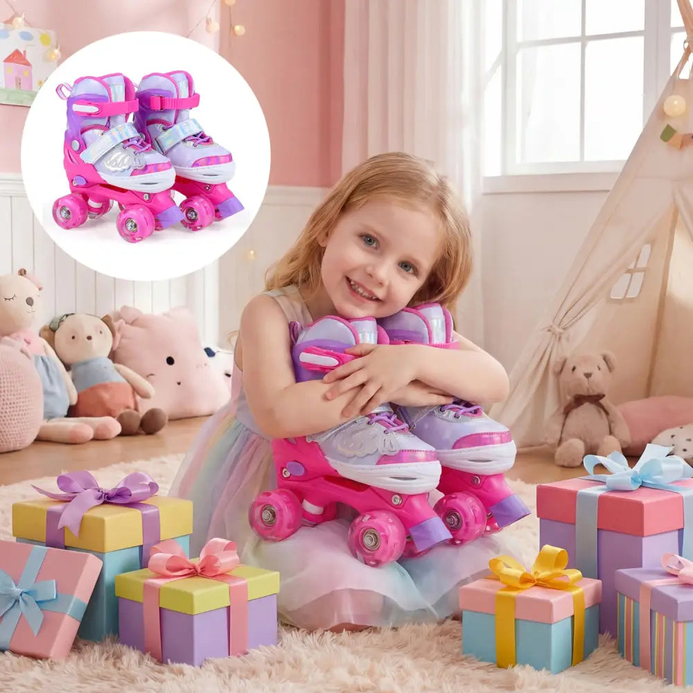 Kids Roller Skates for Toddlers Ages 5-7 with 4 Light-up Wheels-Pink - Pink - Toy Sports