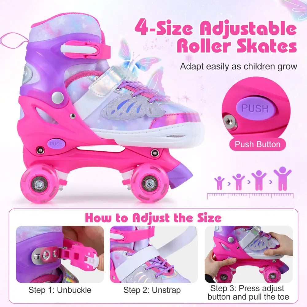 Kids Roller Skates for Toddlers Ages 7-9 with 4 Light up Wheels-Pink - Pink - Toy Sports