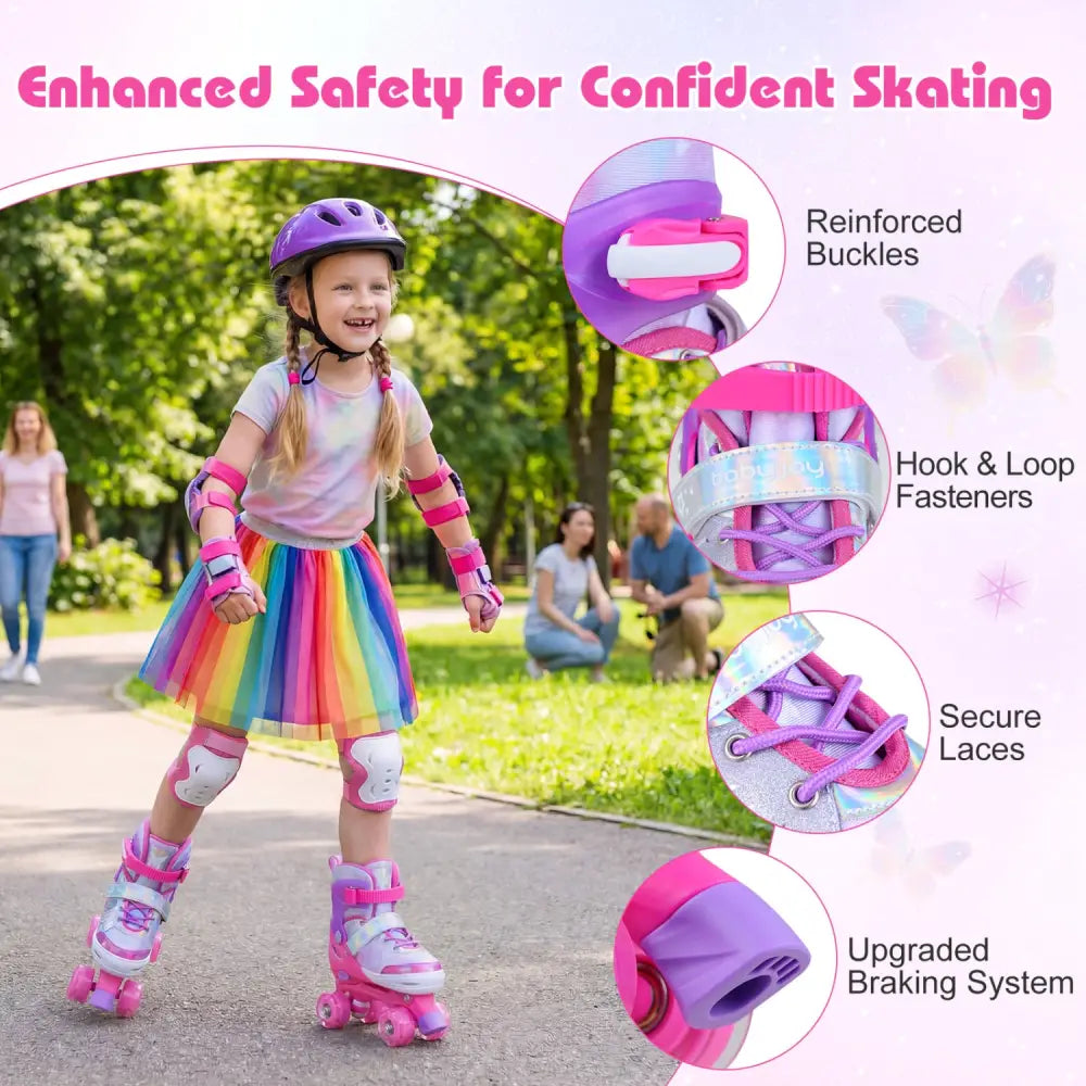 Kids Roller Skates for Toddlers Ages 7-9 with 4 Light up Wheels-Pink - Pink - Toy Sports