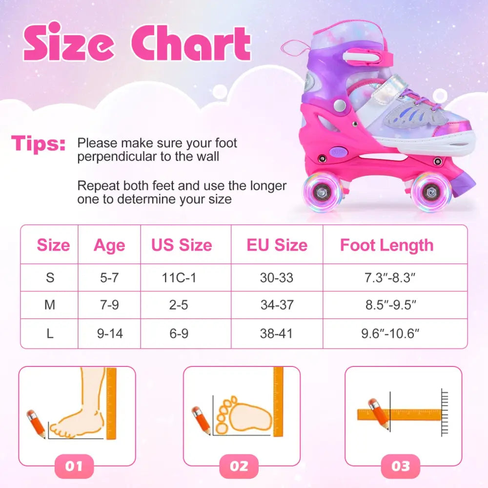 Kids Roller Skates for Toddlers Ages 7-9 with 4 Light up Wheels-Pink - Pink - Toy Sports