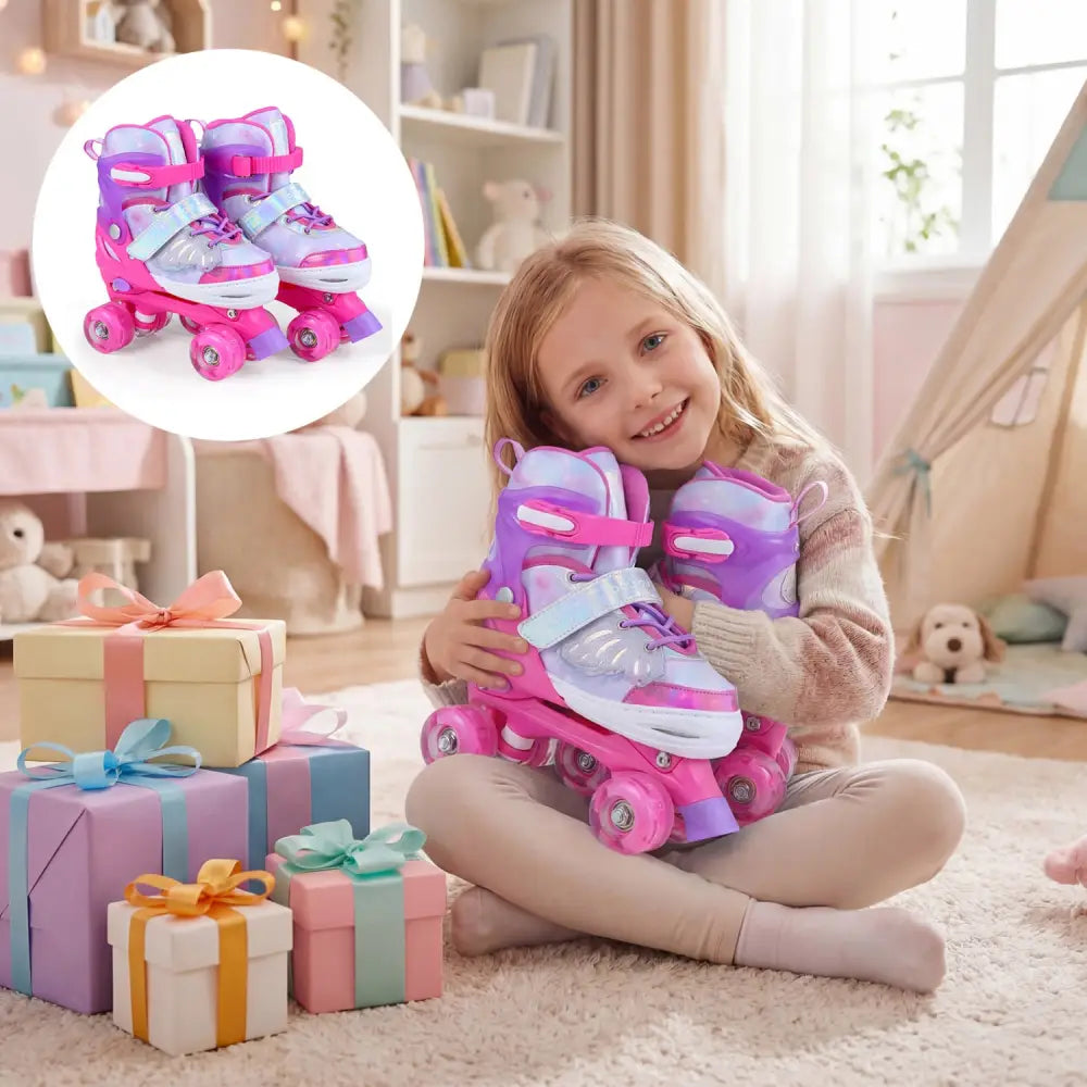 Kids Roller Skates for Toddlers Ages 7-9 with 4 Light up Wheels-Pink - Pink - Toy Sports