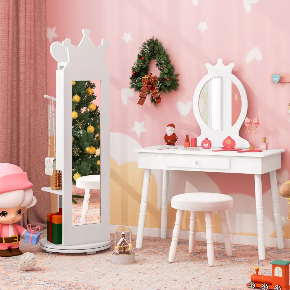 Kids Room Furniture Set Princess Vanity Table and Stool Set with Mirror and Drawer-White - White - Kids Vanities