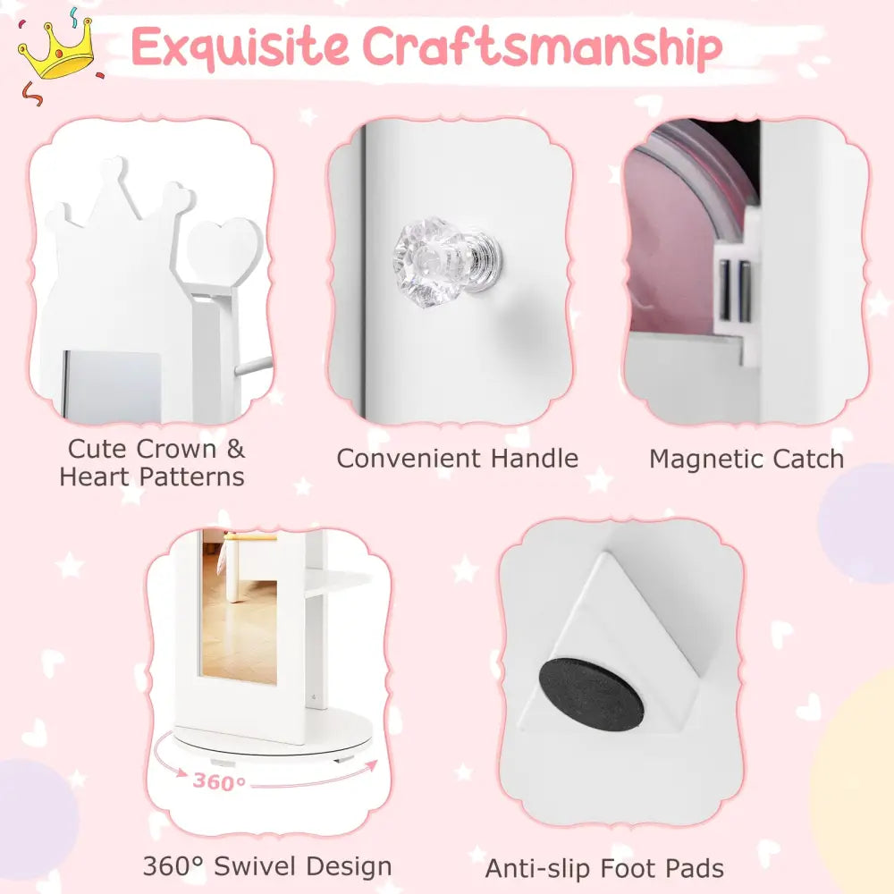 Kids Room Furniture Set Princess Vanity Table and Stool Set with Mirror and Drawer-White - White - Kids Vanities
