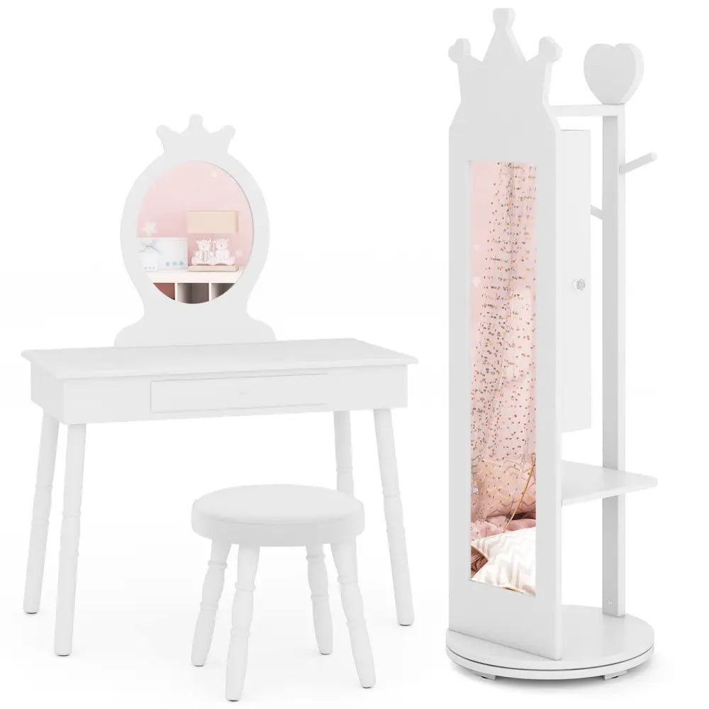 Kids Room Furniture Set Princess Vanity Table and Stool Set with Mirror and Drawer-White - White - Kids Vanities