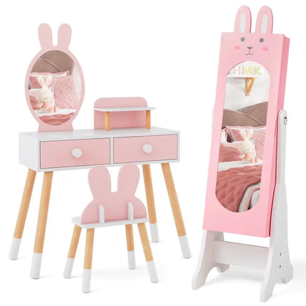 Kids Room Furniture Set with Princess Vanity Table and Chair-Pink - Pink - Kids Vanities