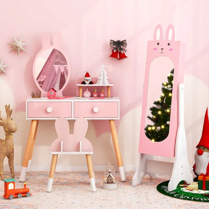 Kids Room Furniture Set with Princess Vanity Table and Chair-Pink - Pink - Kids Vanities