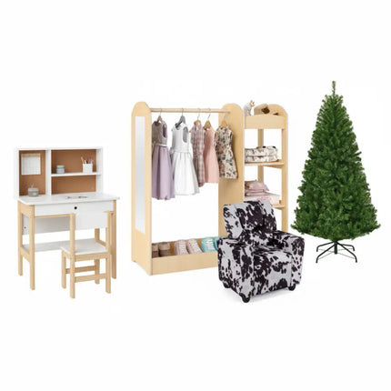 Kids Room Set: Recliner + Natural Study Desk & Chair + 4-ft Christmas Tree + Natural Dress-Up Storage - Toddler & Kids