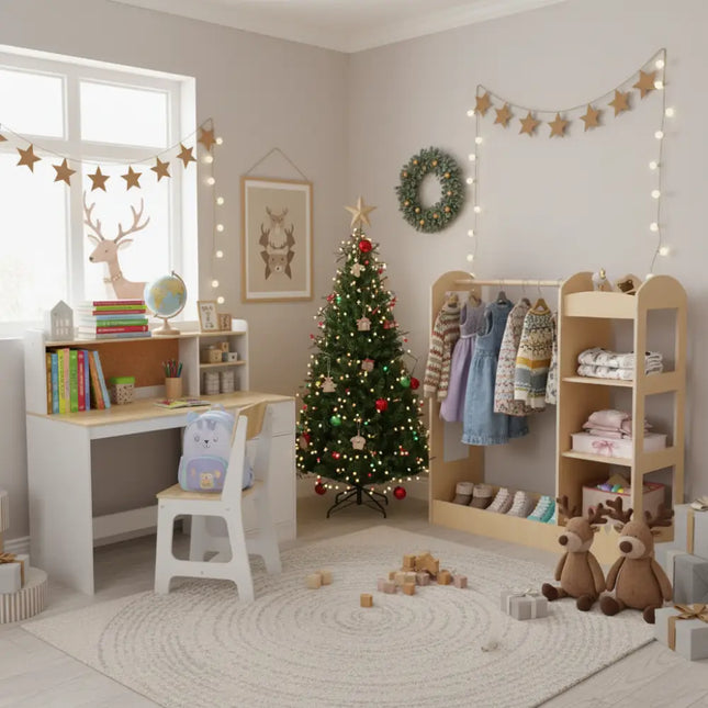 Kids Room Set: Recliner + Natural Study Desk & Chair + 4-ft Christmas Tree + Natural Dress-Up Storage - Toddler & Kids