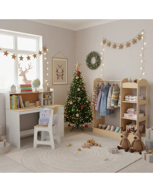 Kids Room Set: Recliner + Natural Study Desk & Chair + 4-ft Christmas Tree + Natural Dress-Up Storage - Toddler & Kids