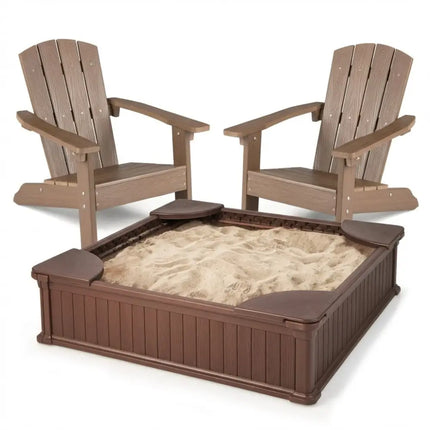 Kids Sandbox with Cover and Seats with 2 Kids Adirondack Chairs - Brown - Toddler & Kids Furniture