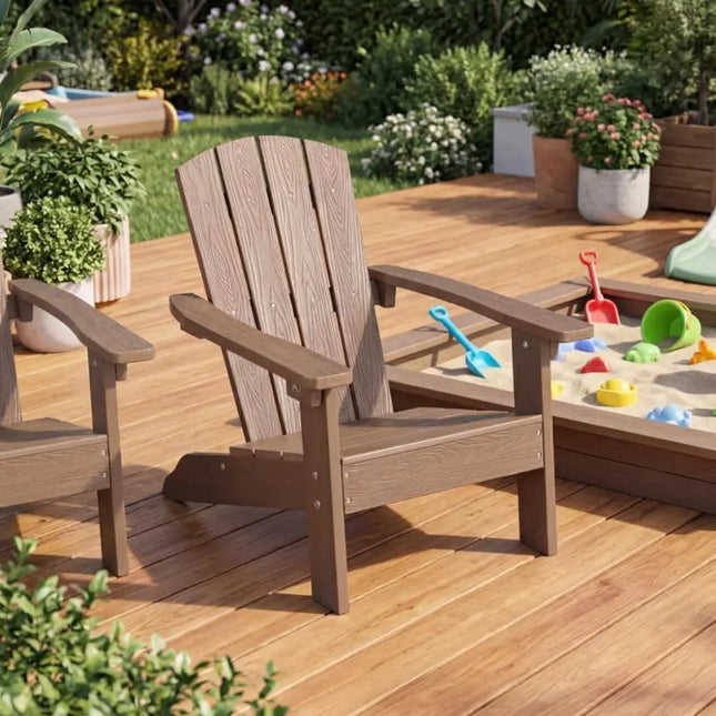 Kids Sandbox with Cover and Seats with 2 Kids Adirondack Chairs - Brown - Toddler & Kids Furniture