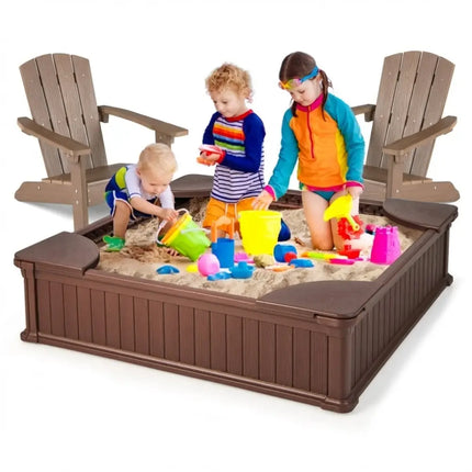 Kids Sandbox with Cover and Seats with 2 Kids Adirondack Chairs - Brown - Toddler & Kids Furniture