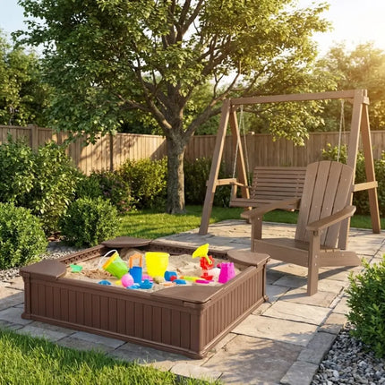 Kids Sandbox with Cover and Seats with 2 Kids Adirondack Chairs - Brown - Toddler & Kids Furniture
