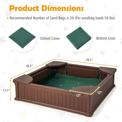 Kids Sandbox with Cover and Seats with 2 Kids Adirondack Chairs - Brown - Toddler & Kids Furniture