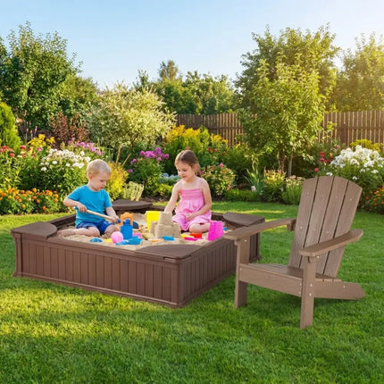 Kids Sandbox with Cover and Seats with 2 Kids Adirondack Chairs - Brown - Toddler & Kids Furniture