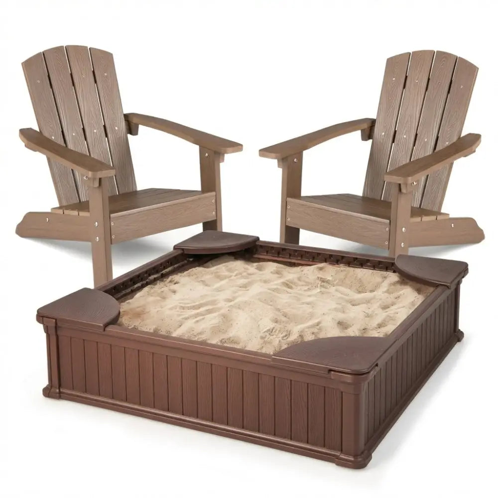 Kids Sandbox with Cover and Seats with 2 Kids Adirondack Chairs - Brown - Toddler & Kids Furniture