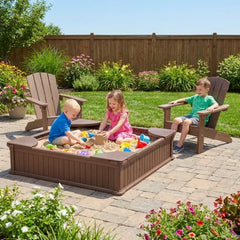 Kids Sandbox with Cover and Seats with 2 Kids Adirondack Chairs - Brown - Toddler & Kids Furniture