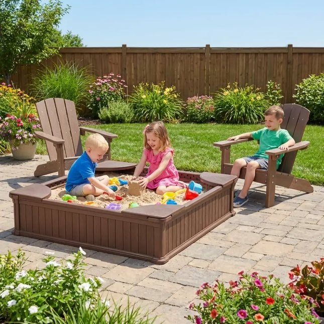 Kids Sandbox with Cover and Seats with 2 Kids Adirondack Chairs - Brown - Toddler & Kids Furniture