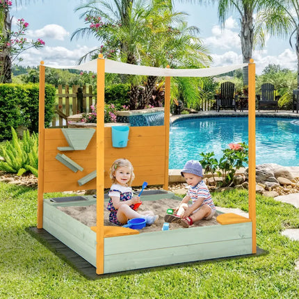 Kids Sandbox with Sand Wall w/ Removable Canopy for Kids 3-8 Years Old - Sandboxes