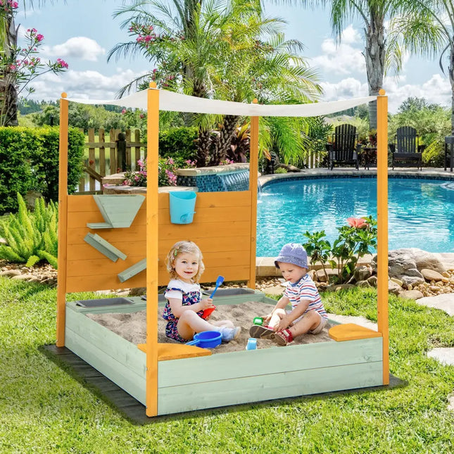 Kids Sandbox with Sand Wall w/ Removable Canopy for Kids 3-8 Years Old - Sandboxes